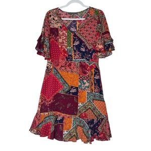 Sharagano Dress Women's Size 10 Patchwork Short Sleeve Bohemian Ruffle Sundress‎